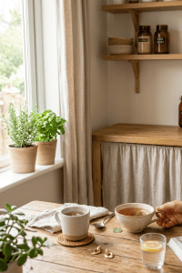 Woman eating a breakfast bowl with fruits and granola at kitchen table