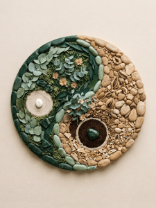 Yin-yang symbol made of stones, leaves, flowers, moss, and soil placed on a rock in a forest