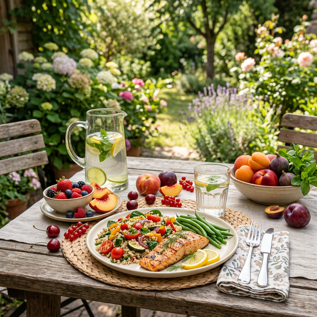 Summer fruits on table with balanced meal